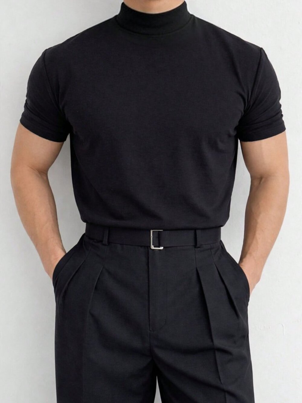 Black Casual Men's Slim Fit Regular High Neck Short Sleeve Plain T-Shirt
